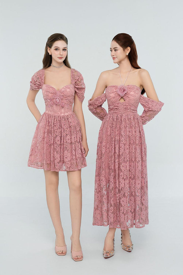 Eliana Halter Gathered Lace Midi Dress - MEAN BLVD