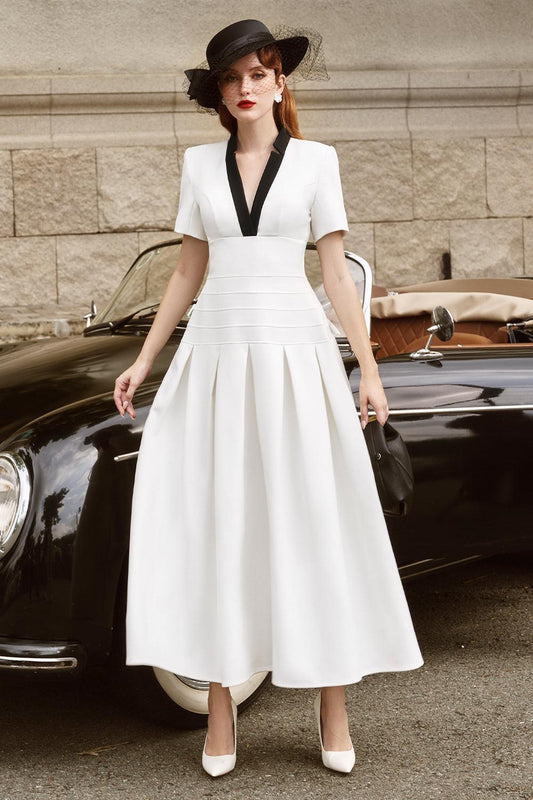 Elio Pleated V-Neck Spandex Homespun Midi Dress - MEAN BLVD