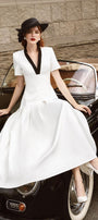 Elio Pleated V-Neck Spandex Homespun Midi Dress - MEAN BLVD