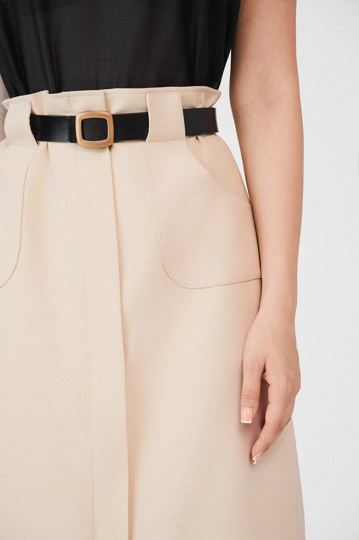 Elisa A-line Patch Pocket Khaki Calf Length Skirt - MEAN BLVD