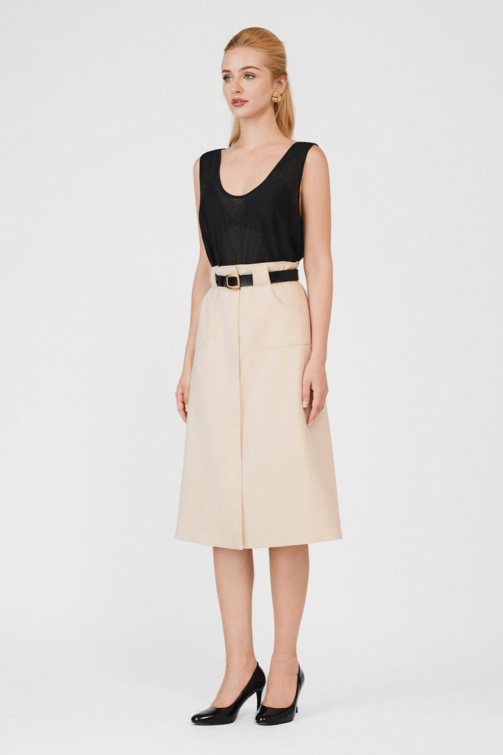 Elisa A-line Patch Pocket Khaki Calf Length Skirt - MEAN BLVD