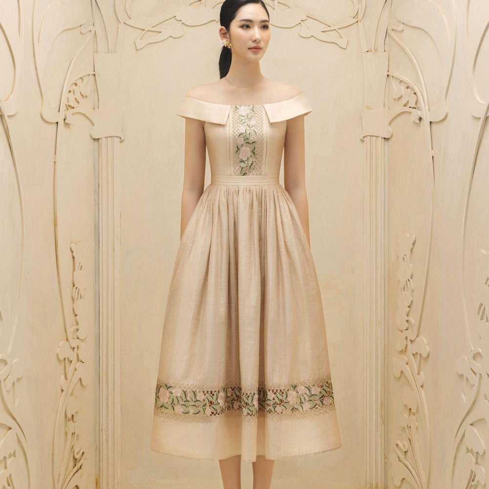 Élise A-line Illusion Neck Linen Midi Dress - MEAN BLVD