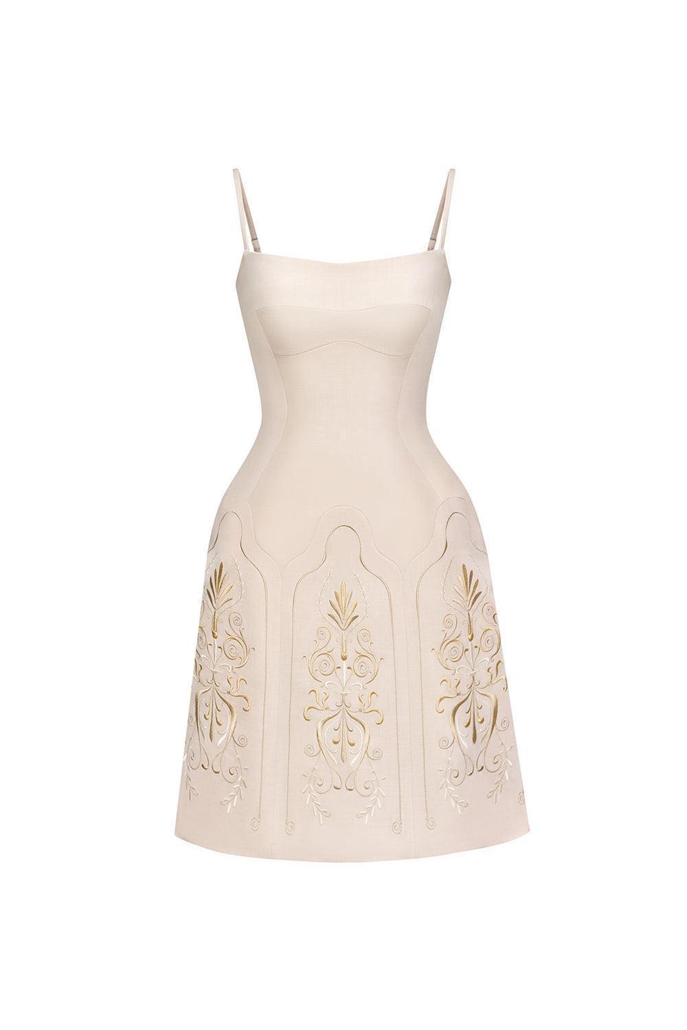 Women's Elizabeth A-line Embroidered Polycotton Knee-length Dress S/M/L Light Green/Beige MEAN BLVD S / Beige Women's Elizabeth A-line Embroidered Polycotton Knee-length Dress S/M/L Light Green/Beige MEAN BLVD S / Beige