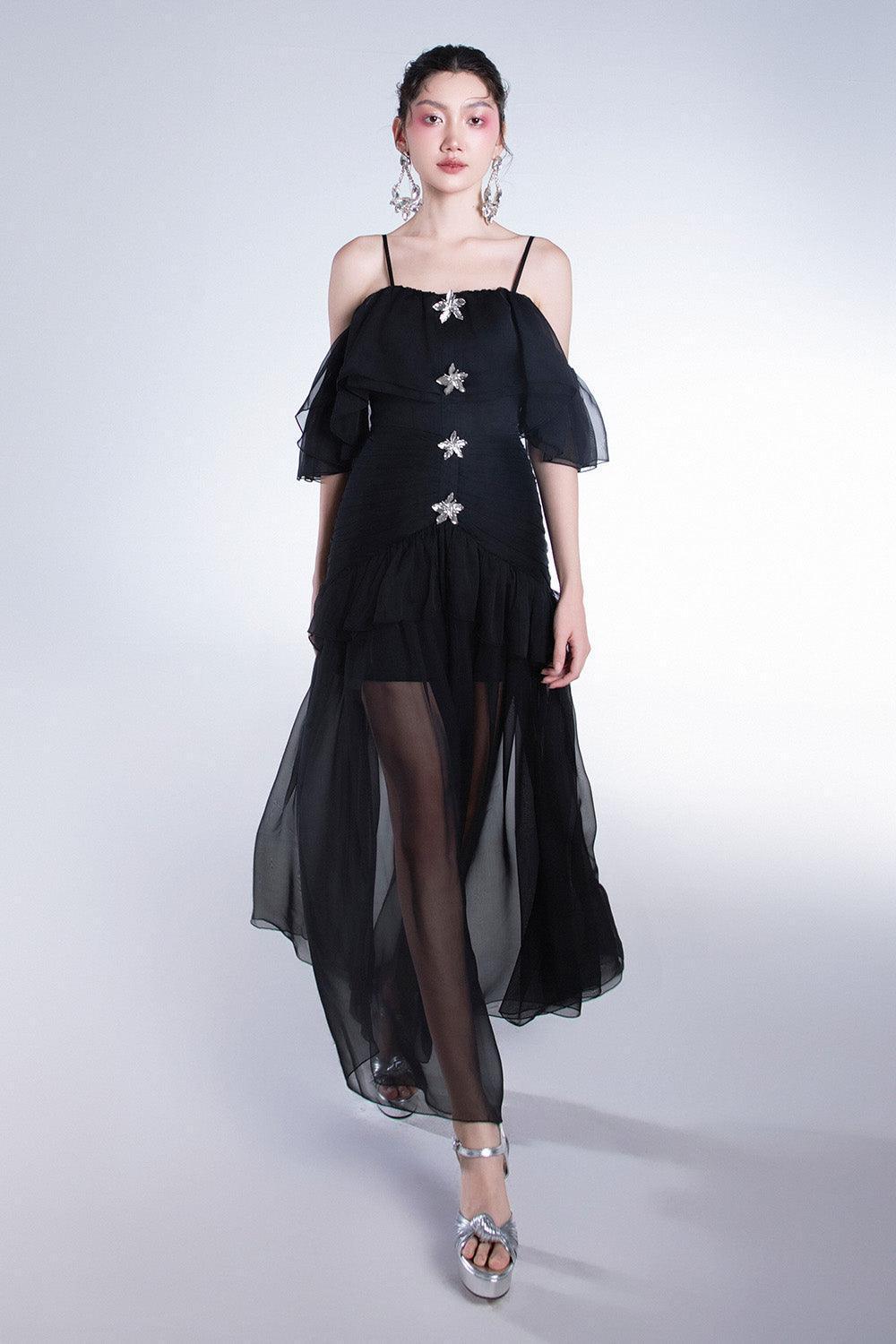 Elizany Gathered Cold Shoulder Sleeved Organza Voile Ankle Length Dress - MEAN BLVD