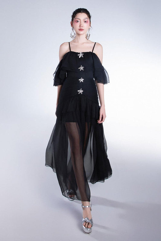 Elizany Gathered Cold Shoulder Sleeved Organza Voile Ankle Length Dress - MEAN BLVD