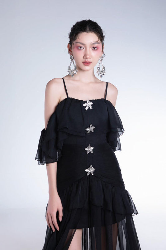 Elizany Gathered Cold Shoulder Sleeved Organza Voile Ankle Length Dress - MEAN BLVD