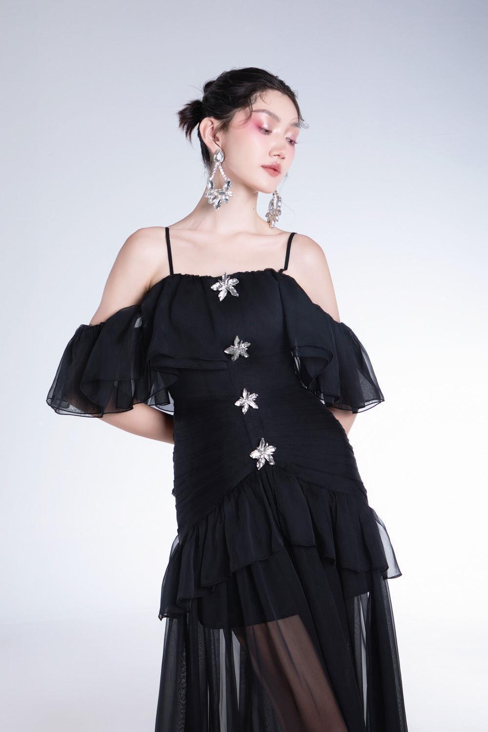 Elizany Gathered Cold Shoulder Sleeved Organza Voile Ankle Length Dress - MEAN BLVD