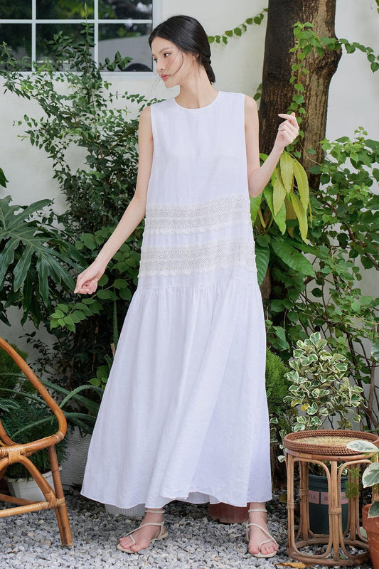 Elli Drop Waist Round Neck Linen Maxi Dress - MEAN BLVD