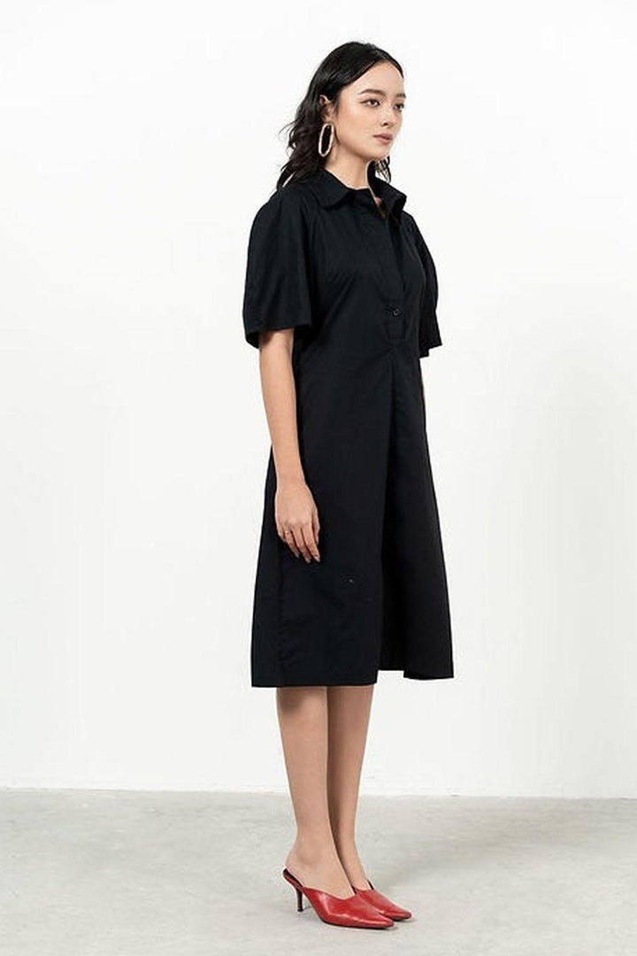 Ellianna Straight Collared Neck Cotton Calf Length Dress - MEAN BLVD