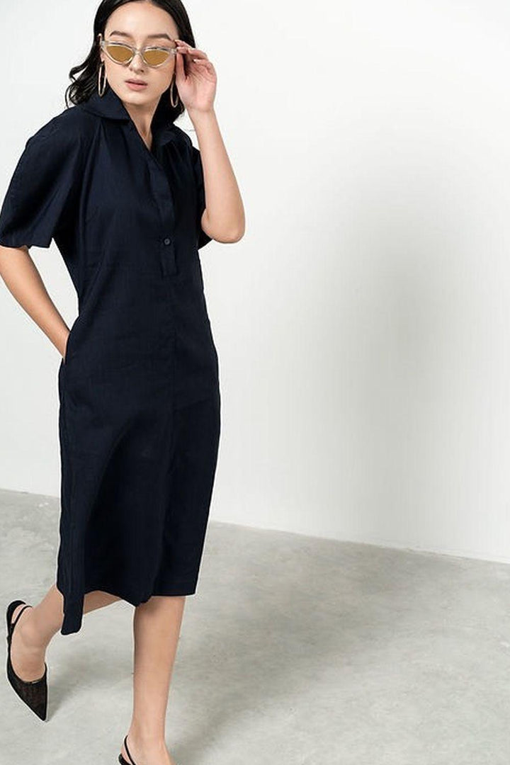 Ellianna Straight Collared Neck Cotton Calf Length Dress - MEAN BLVD