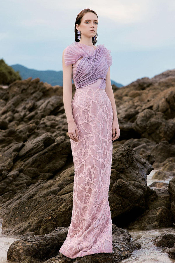 Ellie Sheath Pleated Mesh Lace Floor Length Dress - MEAN BLVD