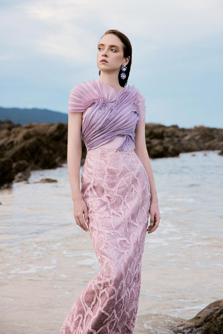 Ellie Sheath Pleated Mesh Lace Floor Length Dress - MEAN BLVD