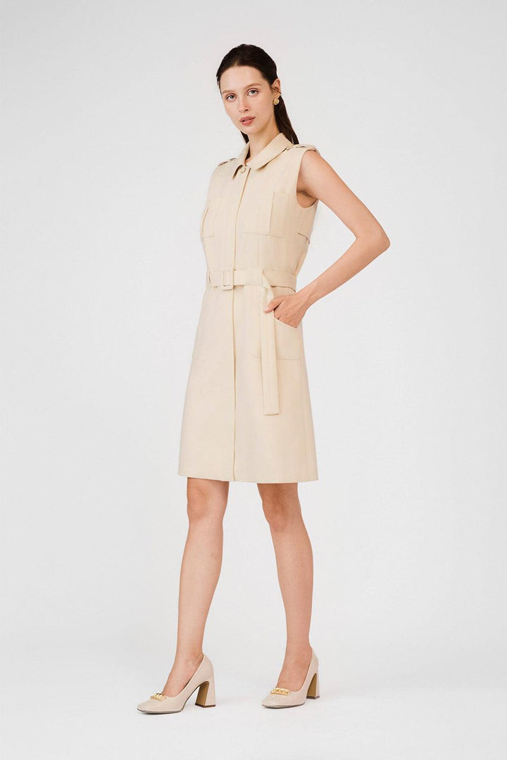 Ellis A-line Collared Neck Khaki Mini Dress - MEAN BLVD