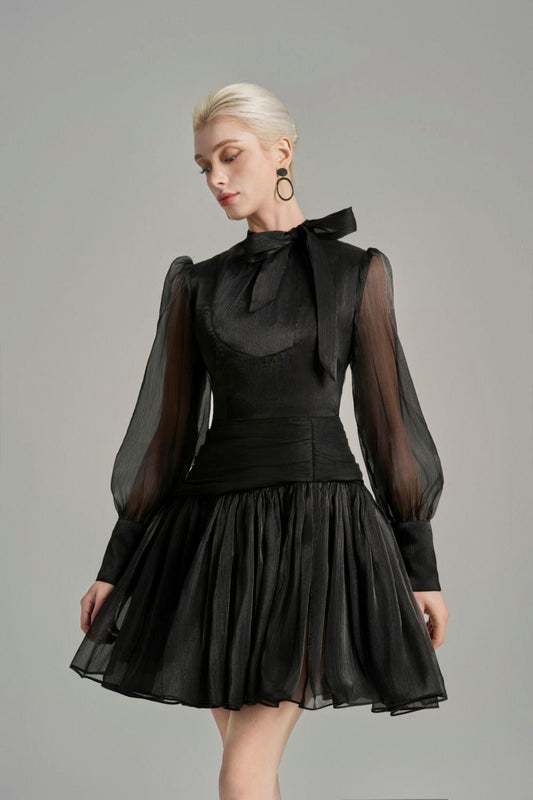 Ellis Drop Waist Tie Neck Voile Mini Dress - MEAN BLVD