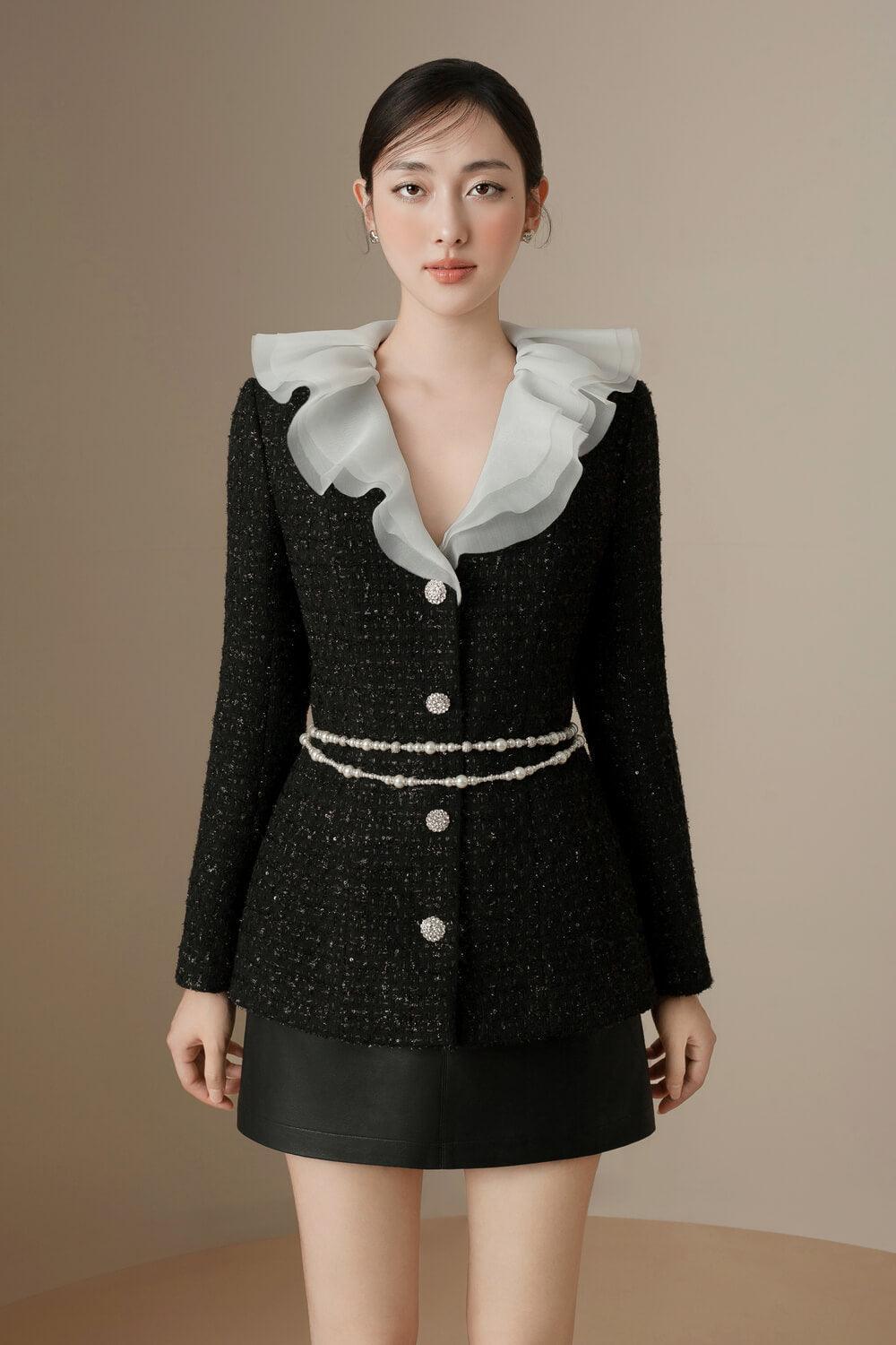 Elysia A-line Ruffle Collar Tweed Top - MEAN BLVD