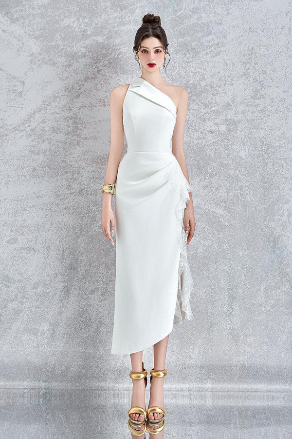 Elysia Asymmetric One Shoulder Organdy Midi Dress - MEAN BLVD