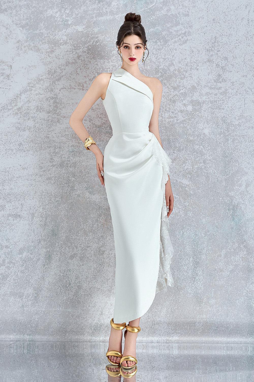 Elysia Asymmetric One Shoulder Organdy Midi Dress - MEAN BLVD