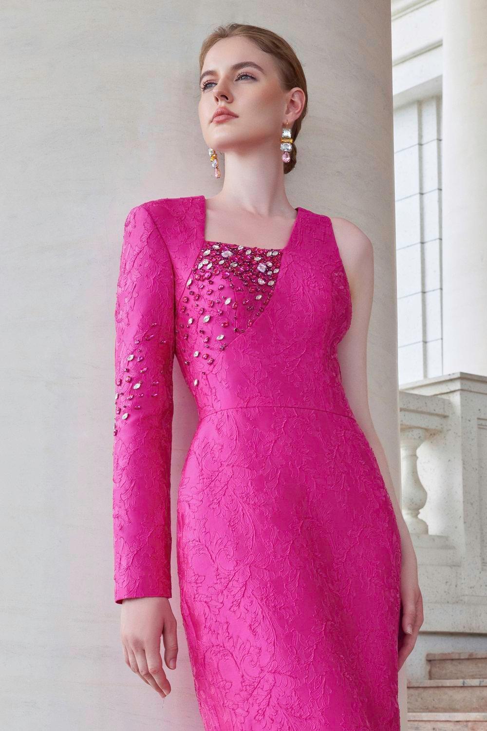 Elysian Sheath Asymmetric Sleeved Jacquard Floor Length Dress - MEAN BLVD