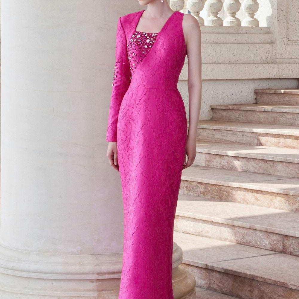 Elysian Sheath Asymmetric Sleeved Jacquard Floor Length Dress - MEAN BLVD