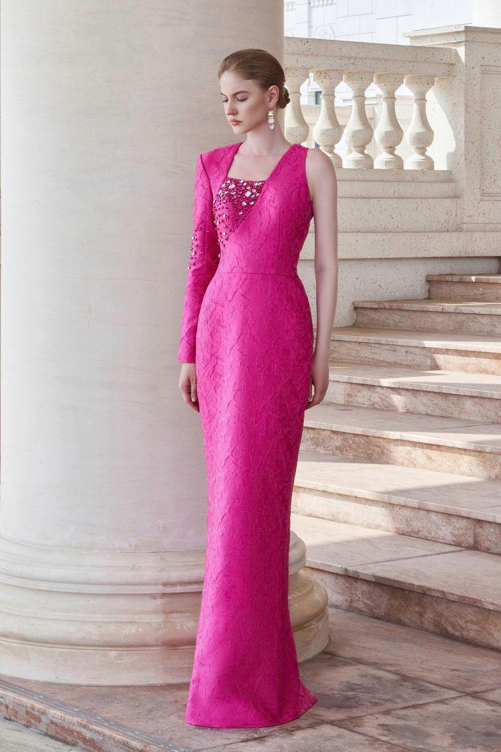 Elysian Sheath Asymmetric Sleeved Jacquard Floor Length Dress - MEAN BLVD