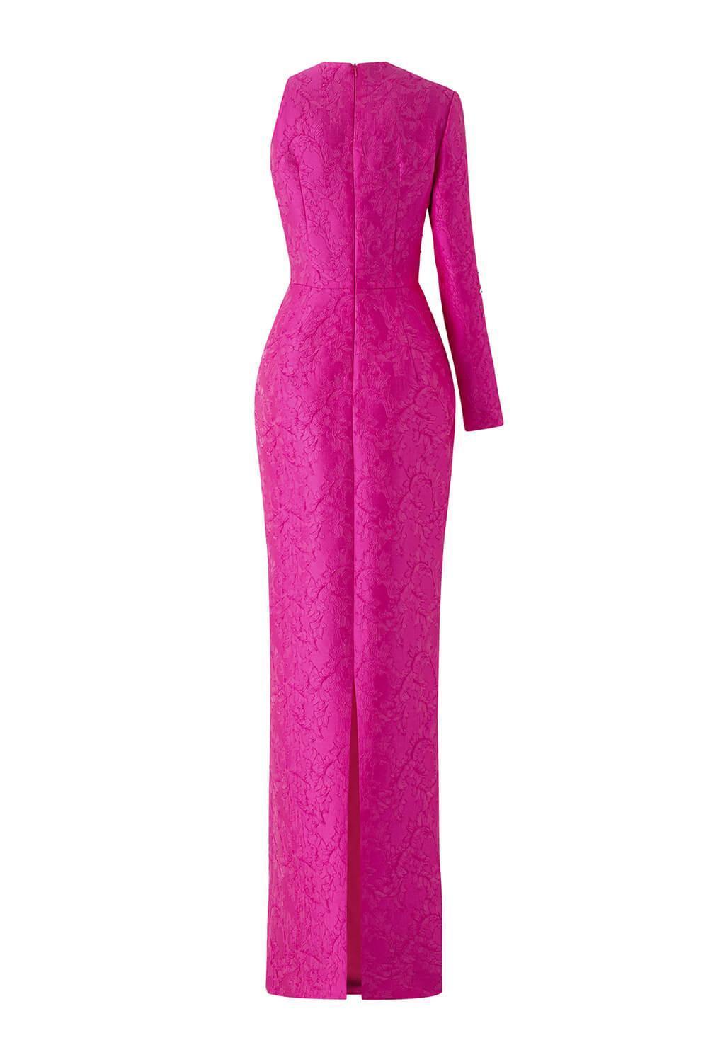 Elysian Sheath Asymmetric Sleeved Jacquard Floor Length Dress - MEAN BLVD