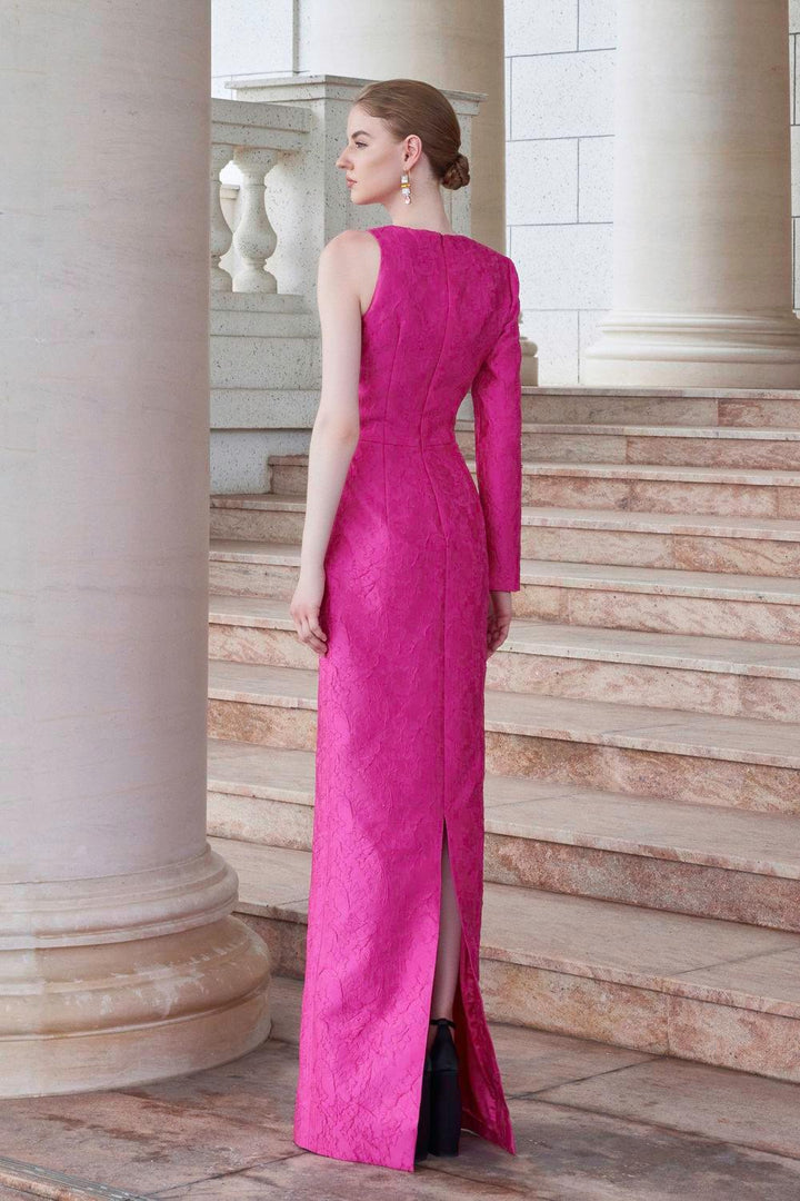 Elysian Sheath Asymmetric Sleeved Jacquard Floor Length Dress - MEAN BLVD