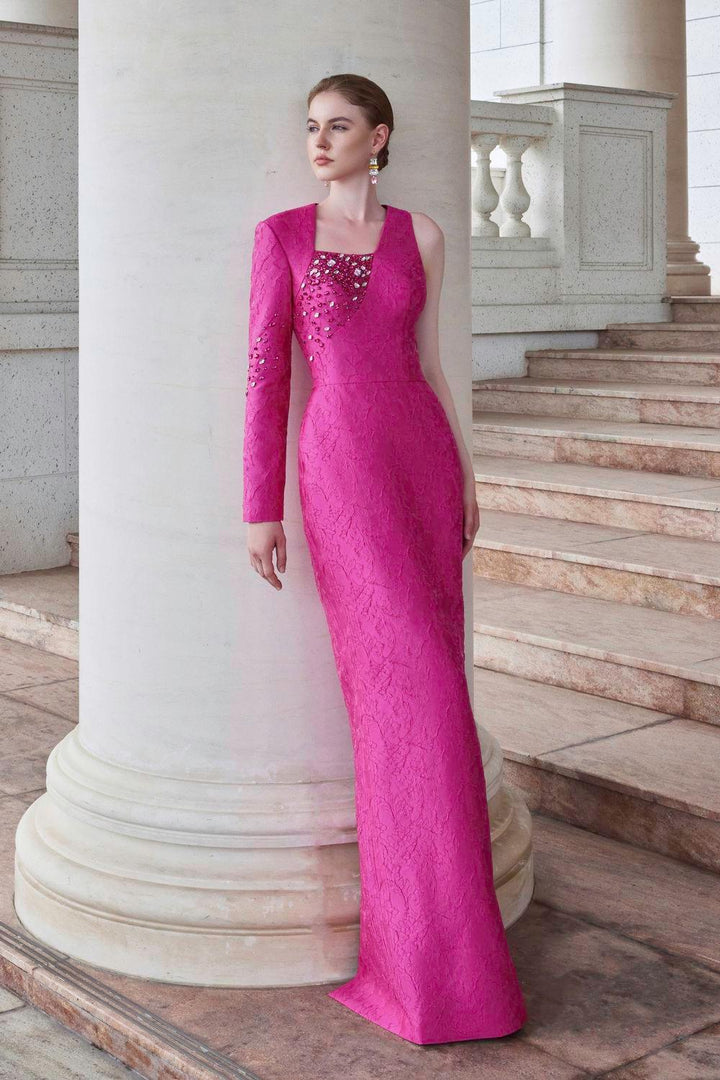 Elysian Sheath Asymmetric Sleeved Jacquard Floor Length Dress - MEAN BLVD