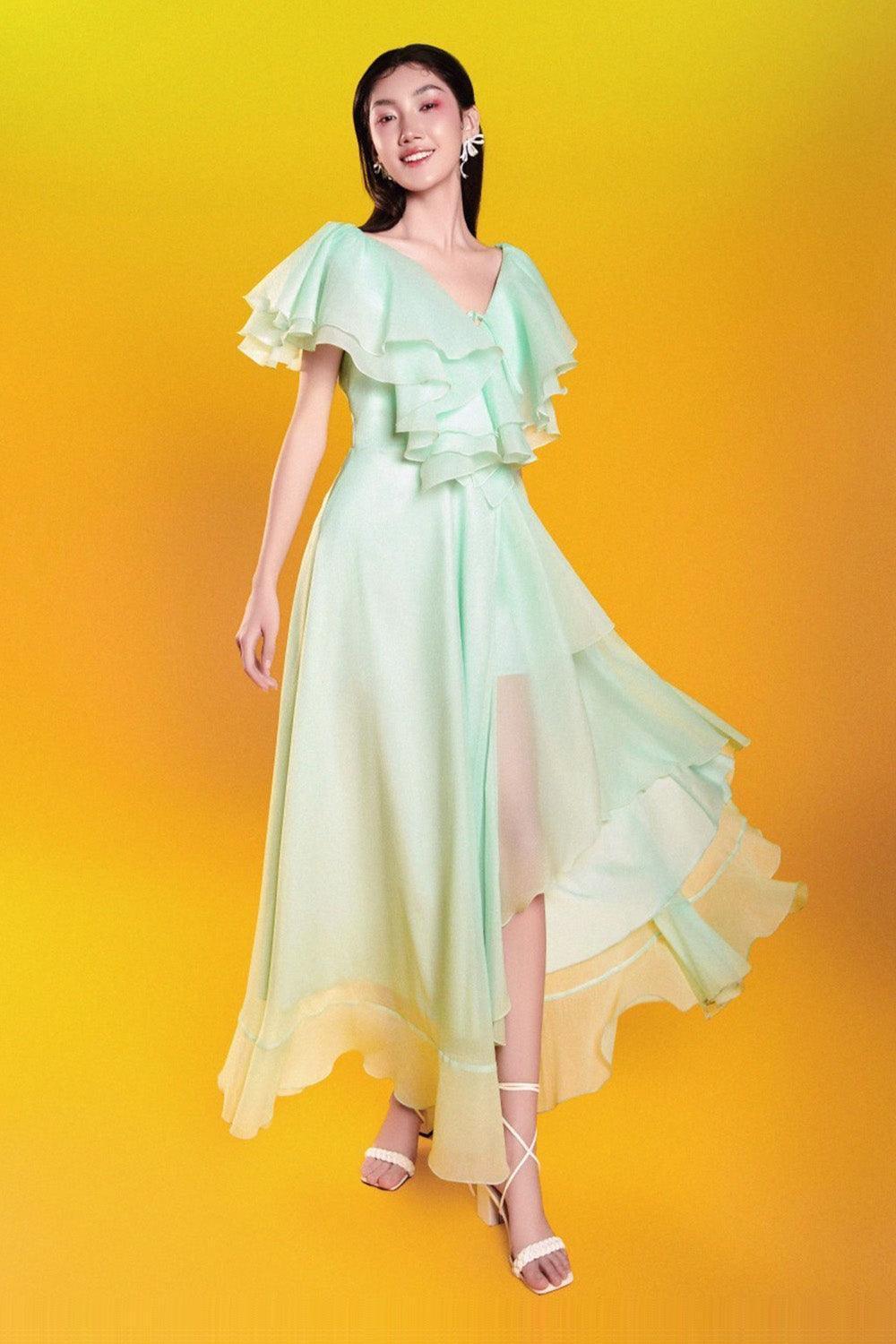 Emili Asymmetric Ruffle Layer Foam Organza Ankle Length Dress - MEAN BLVD