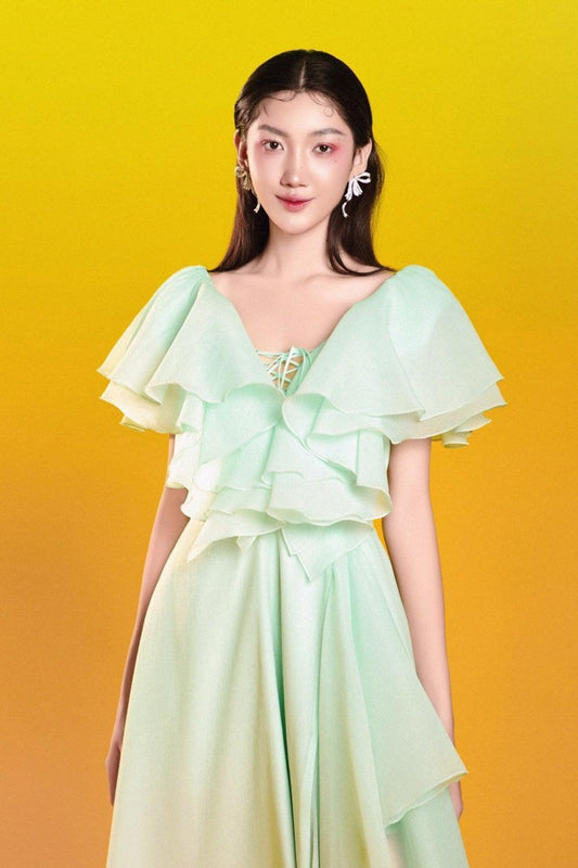 Emili Asymmetric Ruffle Layer Foam Organza Ankle Length Dress - MEAN BLVD