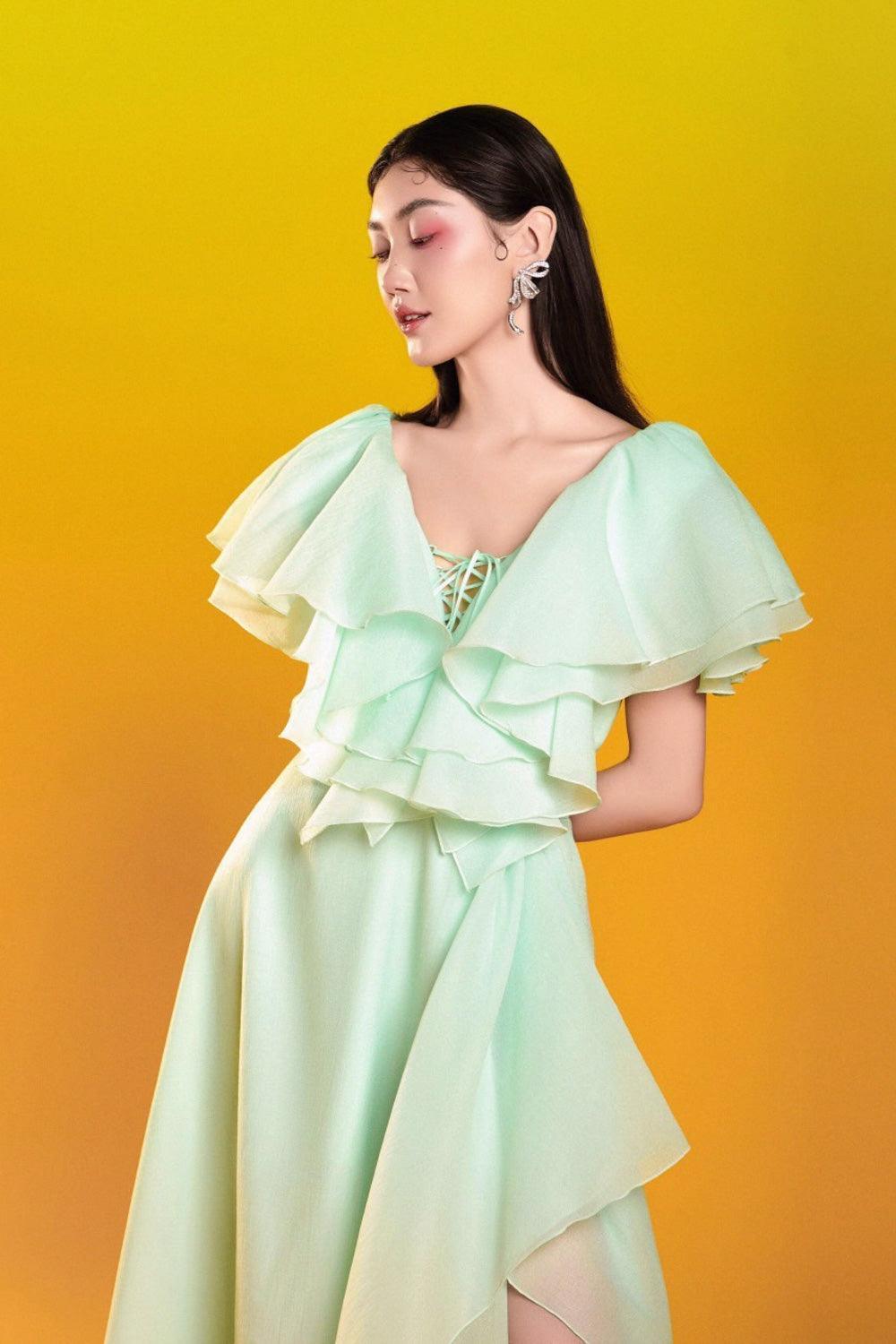 Emili Asymmetric Ruffle Layer Foam Organza Ankle Length Dress - MEAN BLVD