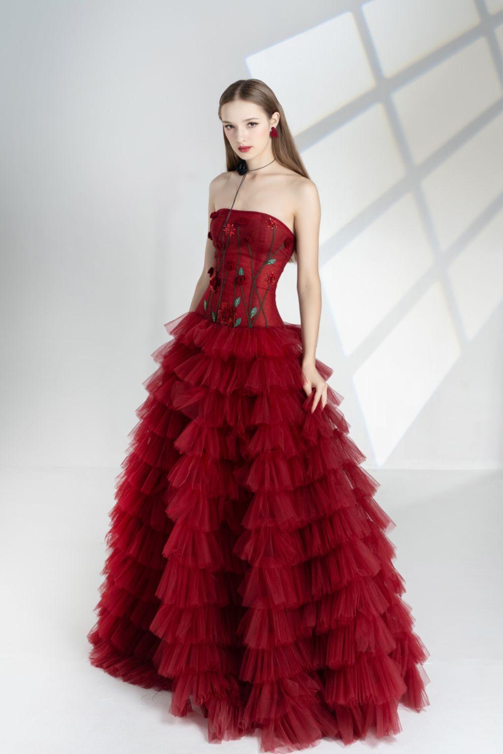 Emily Fit and Flare Straight Across Neck Mesh Floor Length Dress - MEAN BLVD