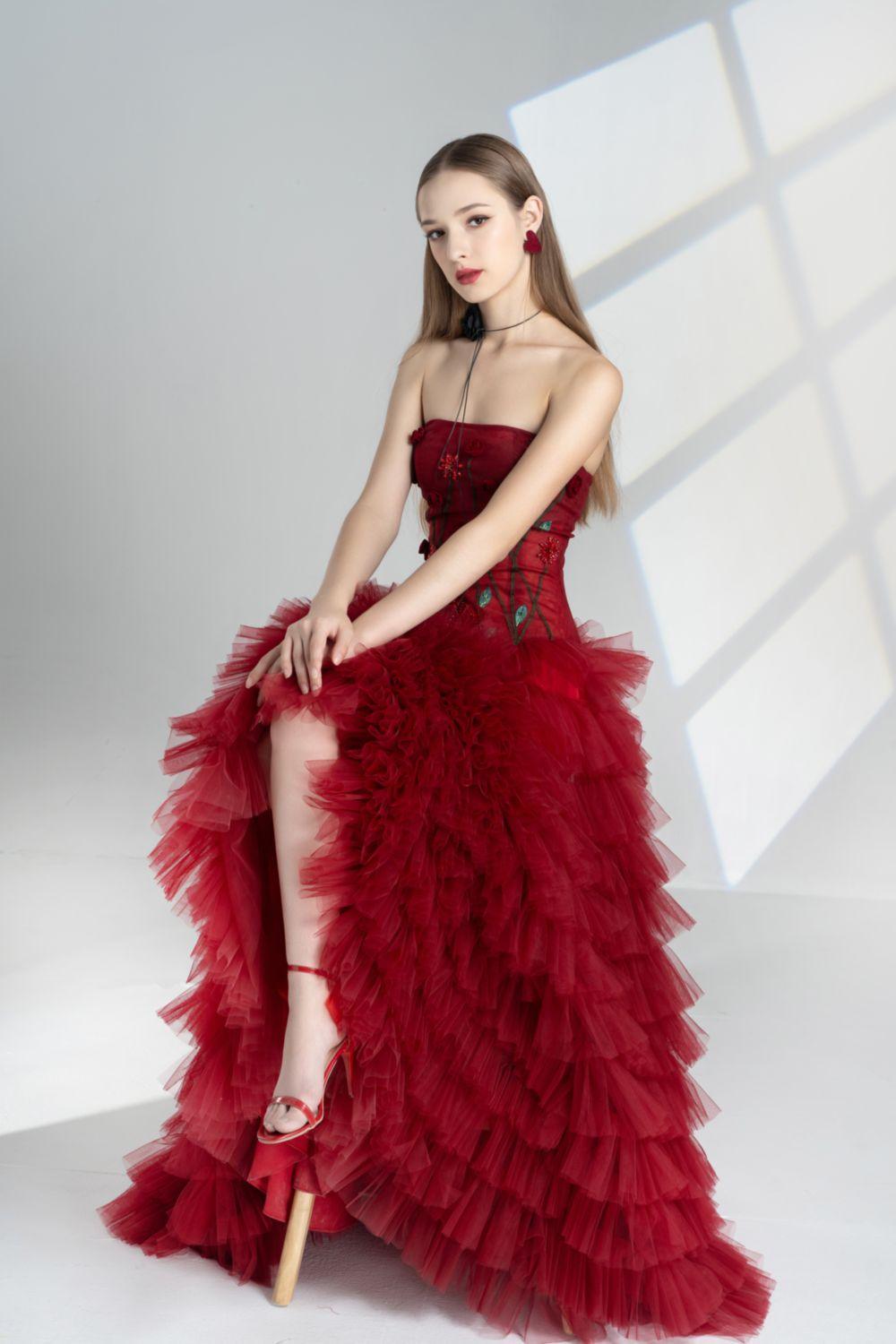 Emily Fit and Flare Straight Across Neck Mesh Floor Length Dress - MEAN BLVD