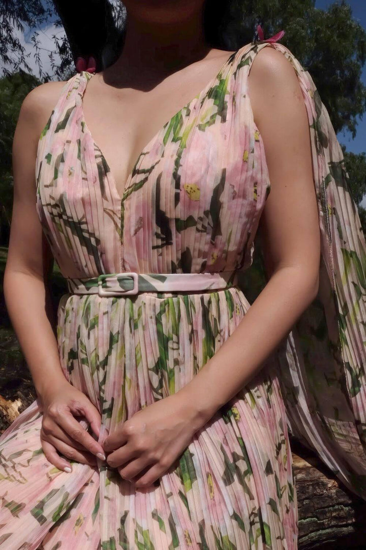 Emma Pleated Cape Sleeved Chiffon Maxi Dress - MEAN BLVD