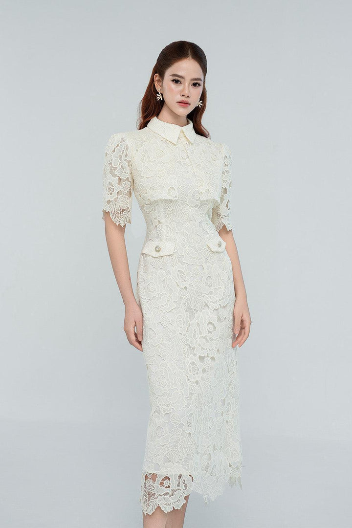 Emmeline Sheath Collared Neck Lace Midi Dress - MEAN BLVD