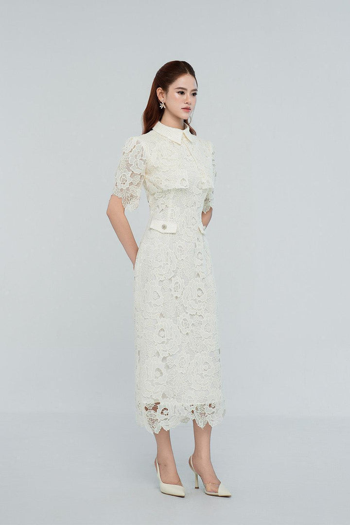 Emmeline Sheath Collared Neck Lace Midi Dress - MEAN BLVD