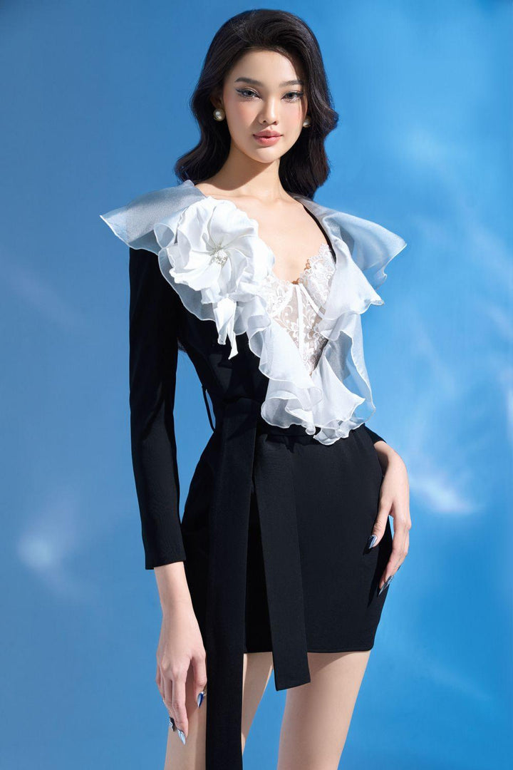 Ennime Bodycon Ruffle Collar Cotton Polyester Mini Dress - MEAN BLVD