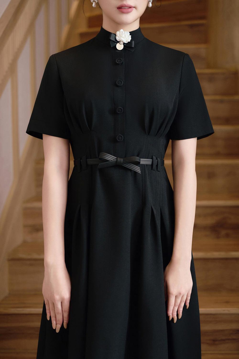 Women's Enoch A-line High Neck Linen Cotton Midi Dress S/M/L/Customize Black MEAN BLVD Black / S Women's Enoch A-line High Neck Linen Cotton Midi Dress S/M/L/Customize Black MEAN BLVD Black / S