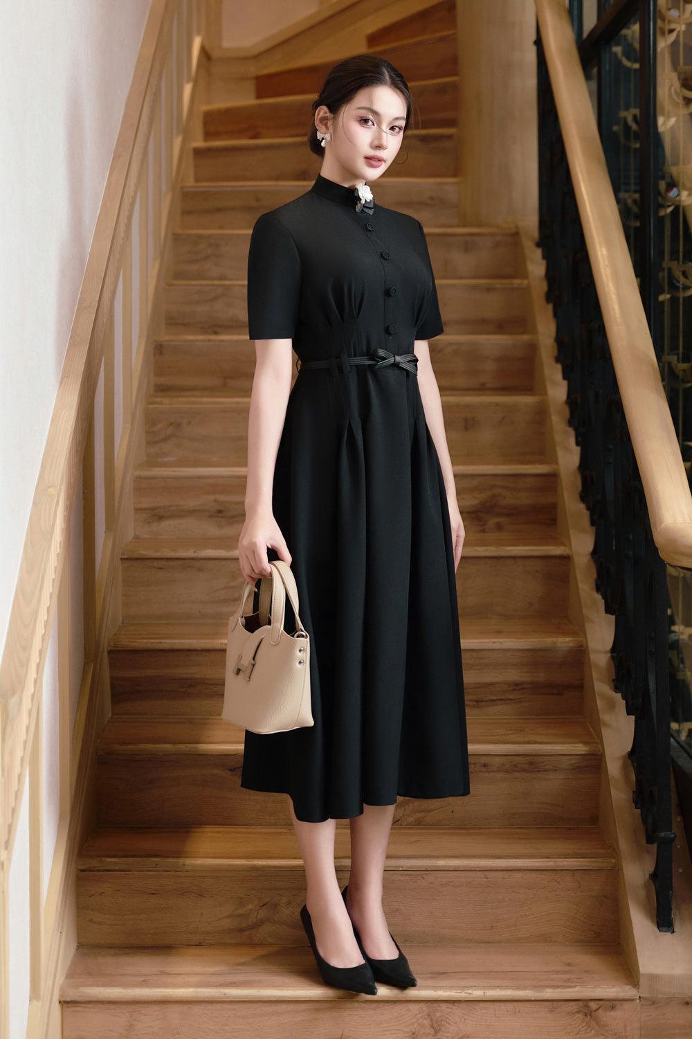 Enoch A-line High Neck Linen Cotton Midi Dress - MEAN BLVD