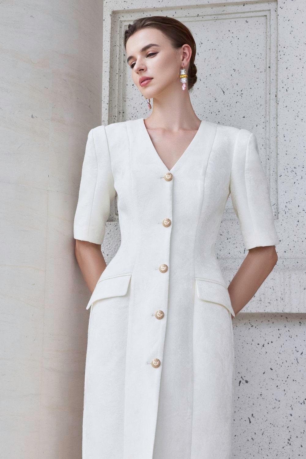 brocade dress women Women's Epitome Sheath Middle Sleeved Brocade Floor Length Dress XS/S/M/L/XL/XXL White MEAN BLVD White / XL