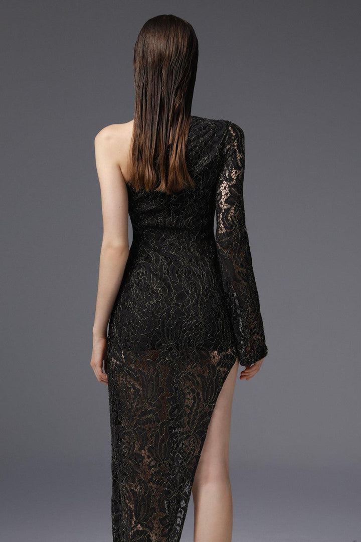 Equinox Asymmetric One Shoulder Embroidered Lace Ankle Length Dress - MEAN BLVD