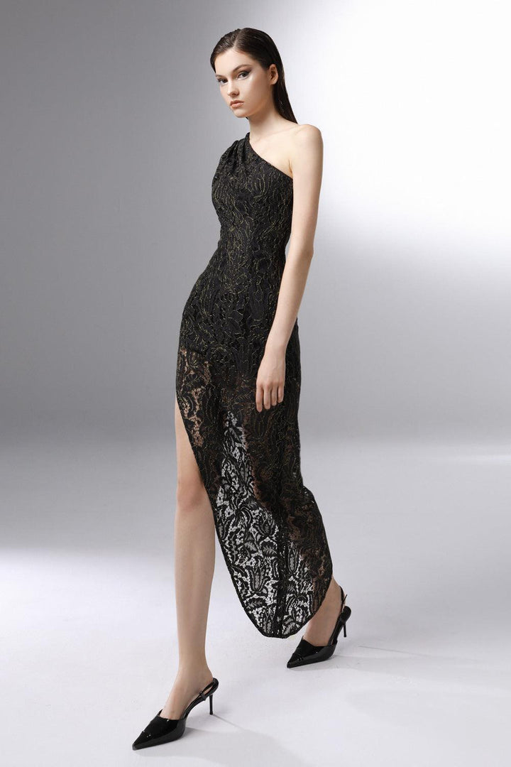 Equinox Asymmetric One Shoulder Embroidered Lace Ankle Length Dress - MEAN BLVD