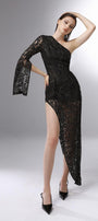 Equinox Asymmetric One Shoulder Embroidered Lace Ankle Length Dress - MEAN BLVD