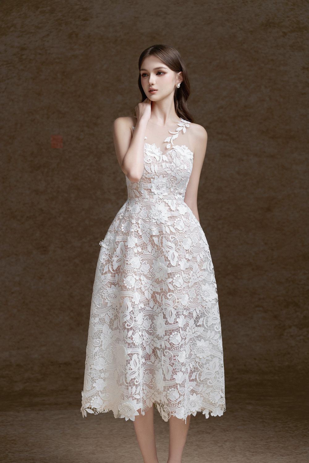 Women's Erica A-line Illusion Neck Lace Midi Dress S/M/L White MEAN BLVD S / White Women's Erica A-line Illusion Neck Lace Midi Dress S/M/L White MEAN BLVD S / White