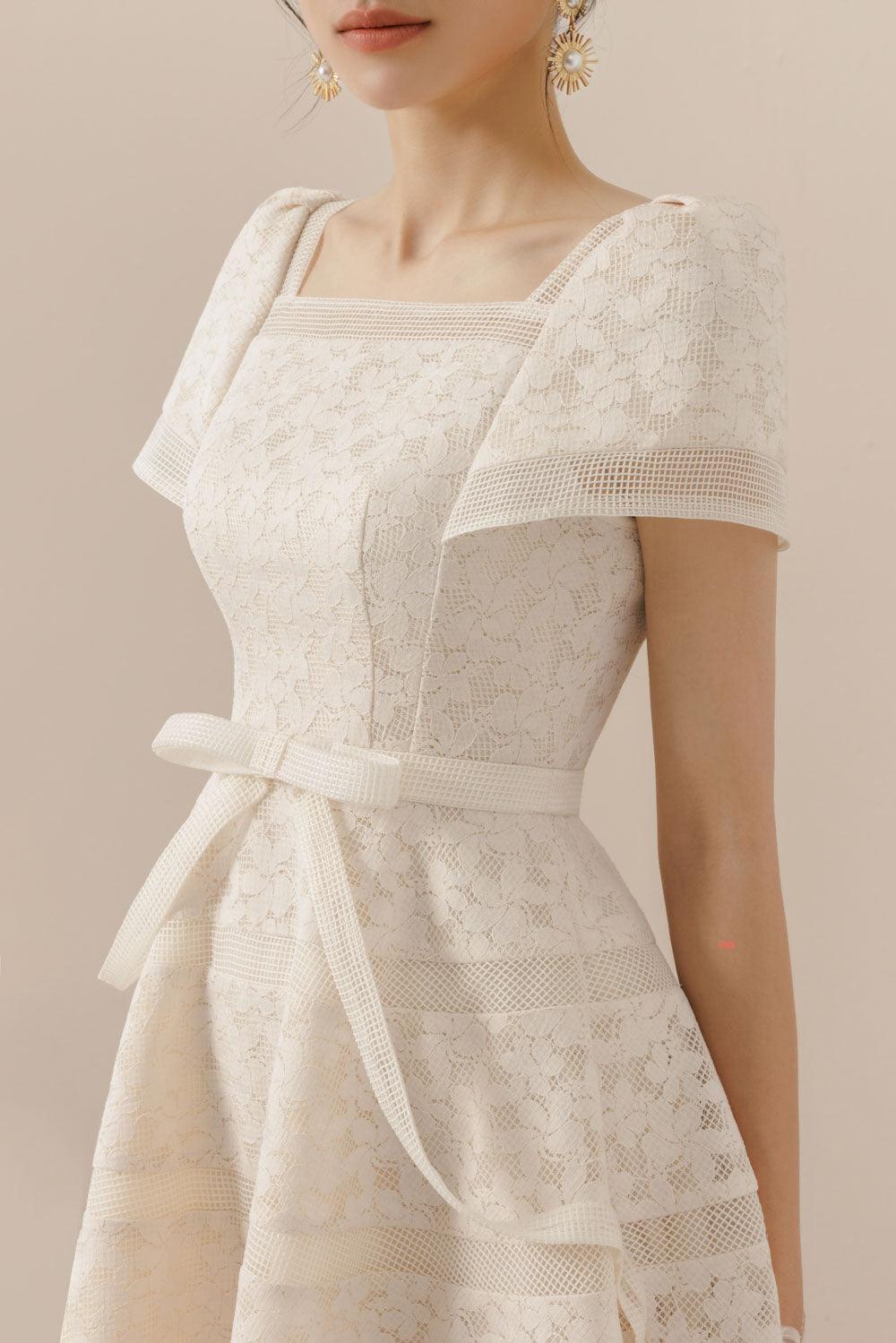 Women's Esme A-line Square Neck Mesh Lace Midi Dress S/M/L/XL Milky Beige MEAN BLVD Milky Beige / M Women's Esme A-line Square Neck Mesh Lace Midi Dress S/M/L/XL Milky Beige MEAN BLVD Milky Beige / M