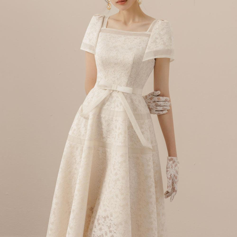 Esme A-line Square Neck Mesh Lace Midi Dress - MEAN BLVD