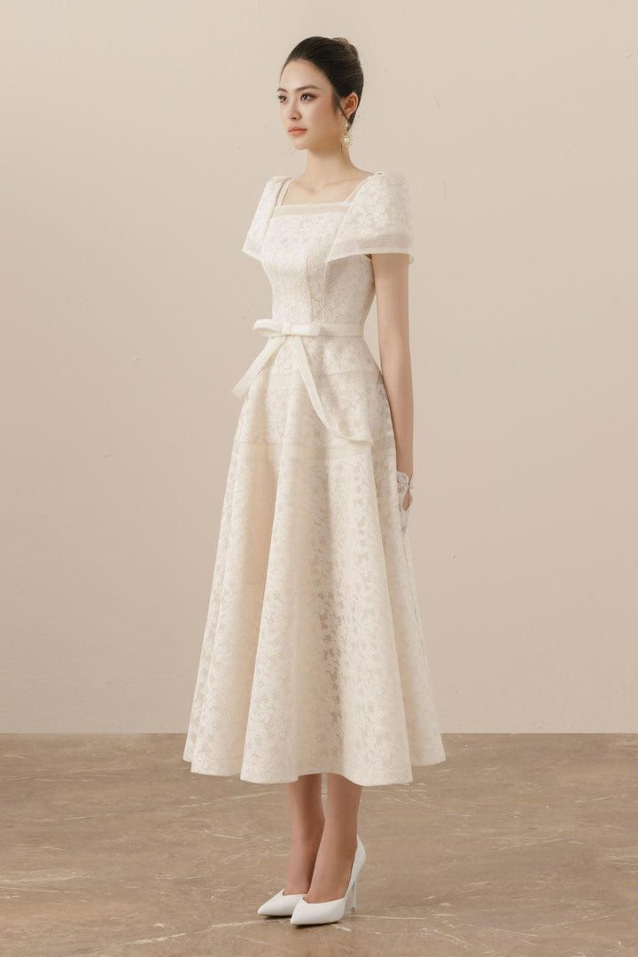 Women's Esme A-line Square Neck Mesh Lace Midi Dress S/M/L/XL Milky