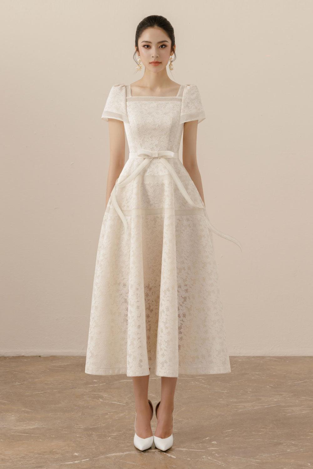 Women's Esme A-Line Square Neck Mesh Lace Midi Dress S/M/L/Xl Milky Beige Mean Blvd Milky Beige / M Women's Esme A-Line Square Neck Mesh Lace Midi Dress S/M/L/Xl Milky Beige Mean Blvd Milky Beige / M