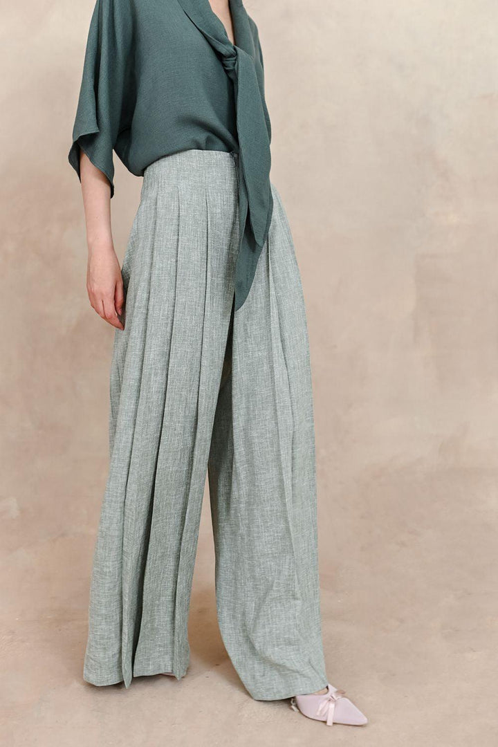 Esmeralda Straight Pleated Silk Linen Floor Length Pants - MEAN BLVD