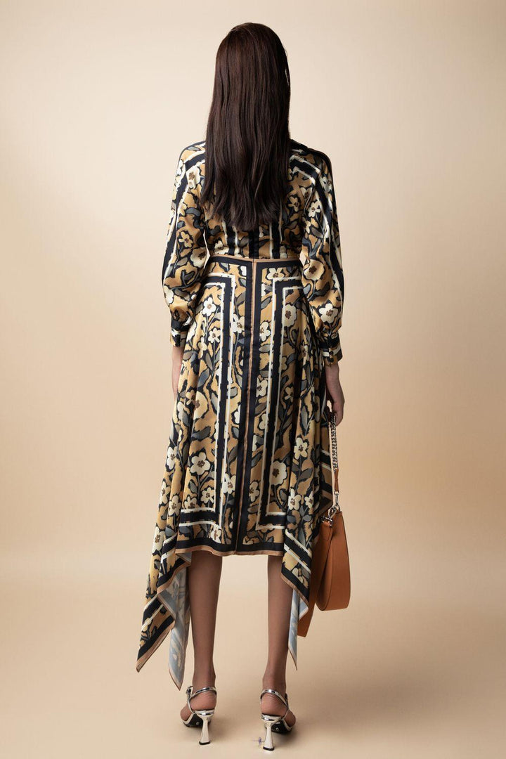 Esra Asymmetric V-Neck Latin Silk Midi Dress - MEAN BLVD