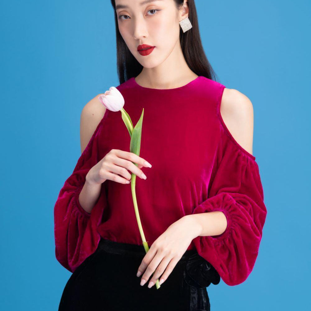 Estella Blouson Cold Shoulder Sleeved Velvet Top - MEAN BLVD